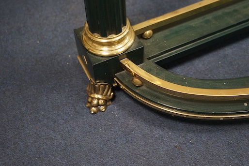 An Empire style brass mounted glass top D shaped console table, length 130cm, depth 31cm, height 76cm